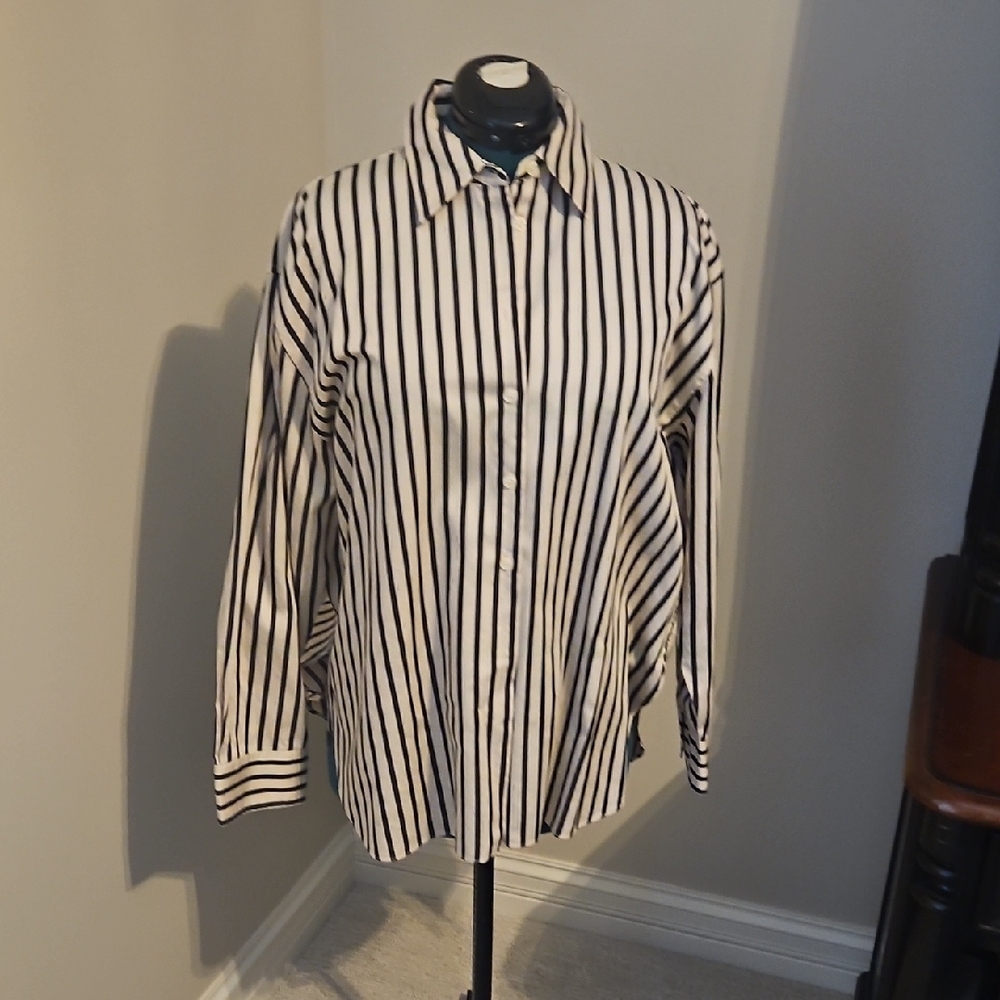 Zara Womens Black/beige Striped Button-Down Shirt XL LIKE NEW